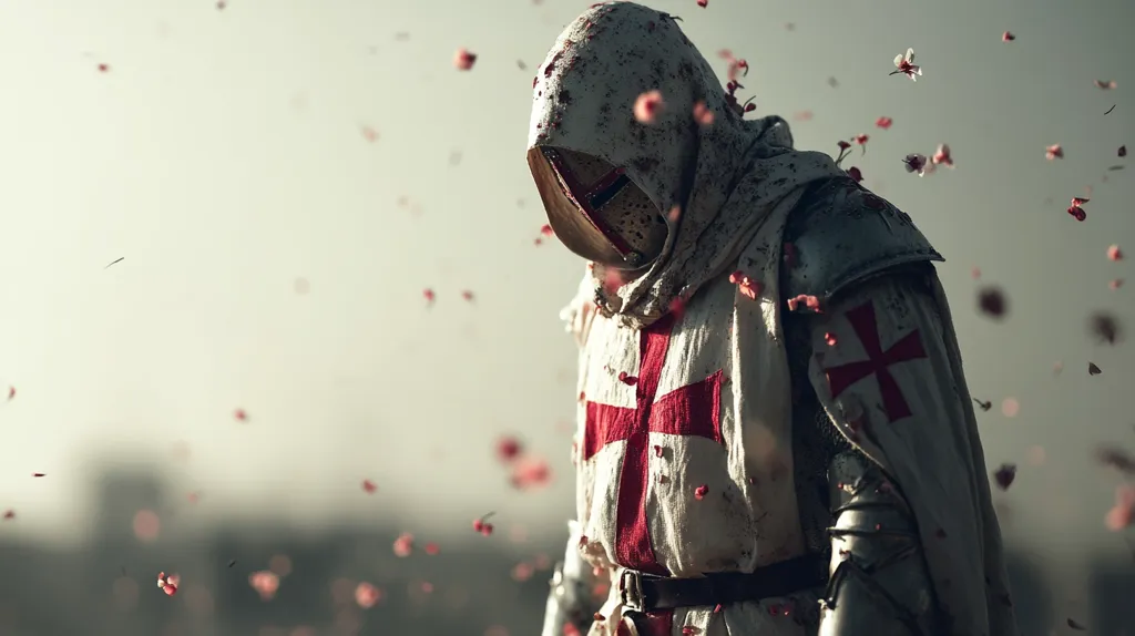 A knight templar, cloaked in white and bearing the red cross, stands amidst a flurry of falling petals.  His weathered armor and hooded surcoat suggest a recent battle.  The scene is evocative of medieval warfare, with a melancholic beauty born from the contrast between violence and the delicate blossoms.  The knight's head is bowed, perhaps in contemplation or grief.
