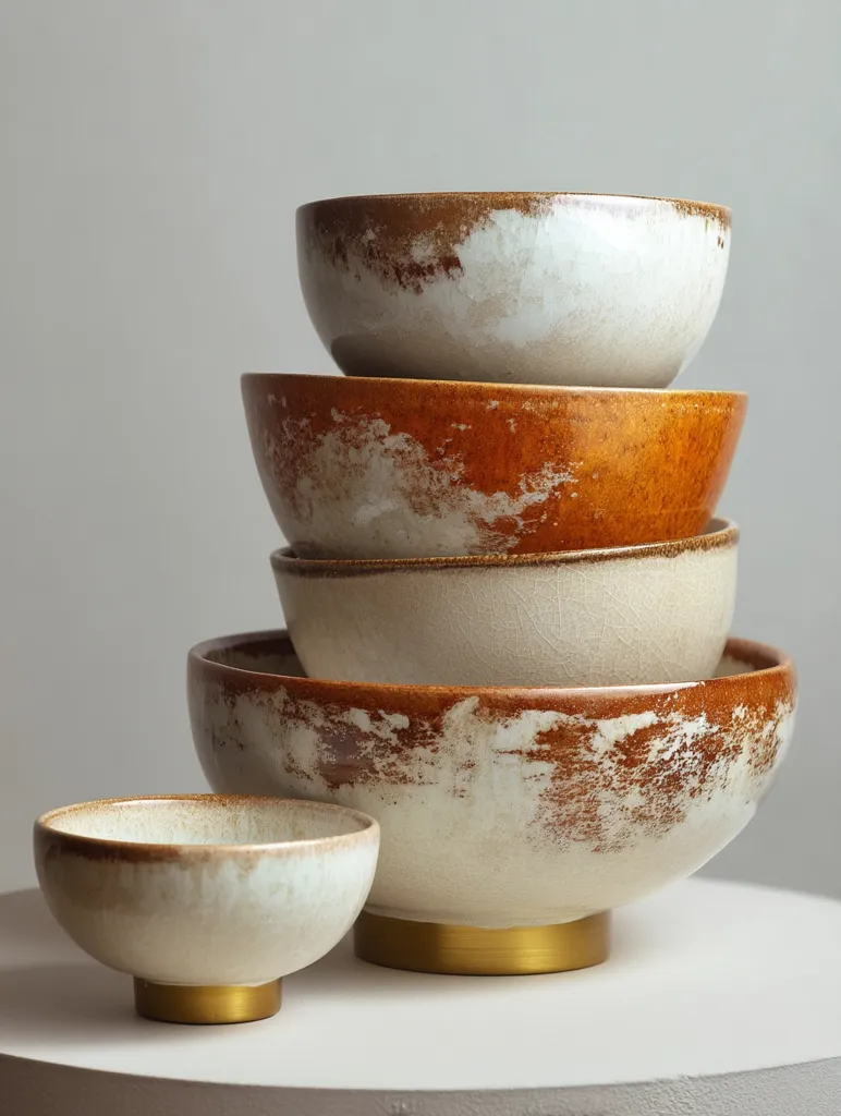 A stack of four ceramic bowls in varying sizes, showcasing a rustic, earthy aesthetic.  The bowls are primarily off-white with mottled accents of warm brown and gold, creating a unique, handcrafted look. A smaller, similarly styled bowl sits separately in the foreground. The largest bowl features a brass-colored base, adding a touch of modern elegance.  The overall impression is one of warmth and natural beauty.