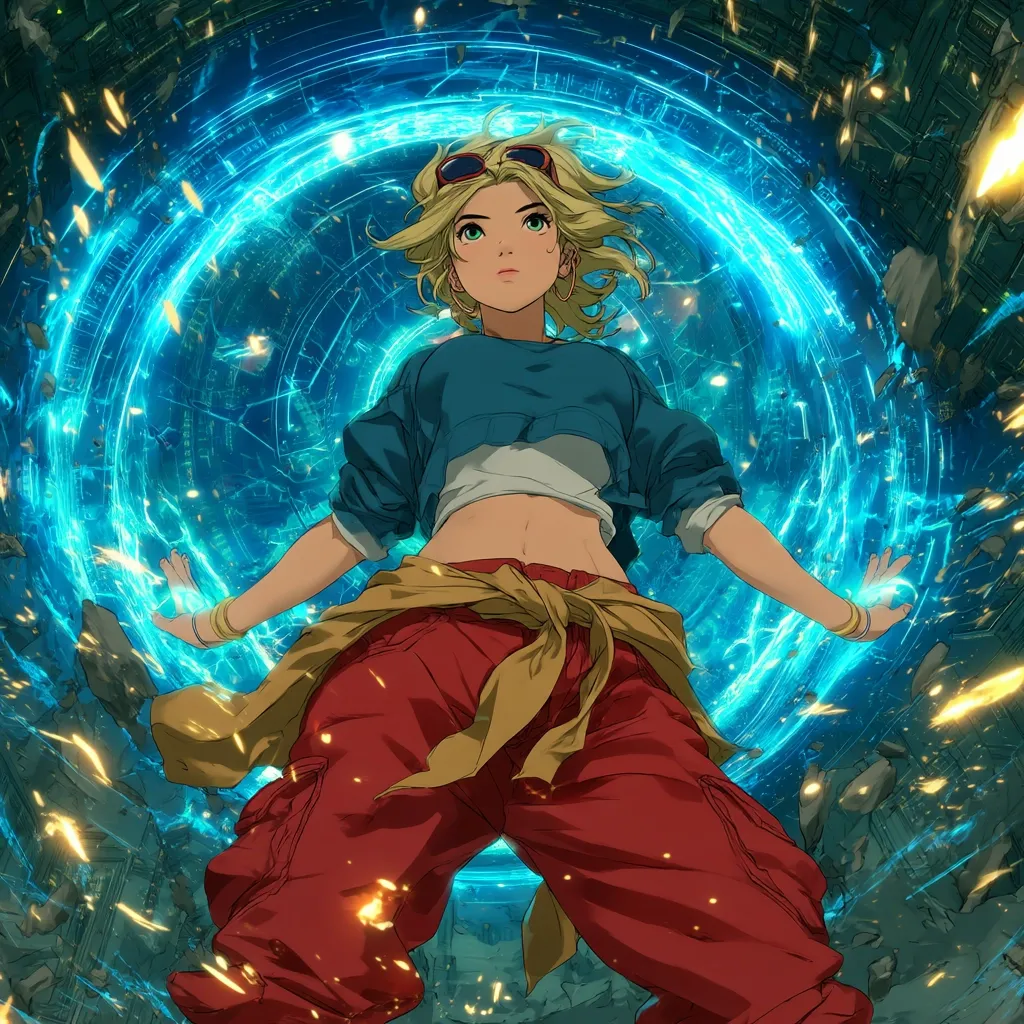A young woman with blonde hair and green eyes stands amidst a swirling, vibrant blue energy field.  She's dressed in a teal top, red cargo pants, and gold bracelets.  Her expression is one of focus as she appears to control or interact with the powerful, luminous energy surrounding her. The background suggests a futuristic or post-apocalyptic setting with crumbling structures and sparks of light.  The overall style is anime-inspired, with dynamic lines and bold colors.
