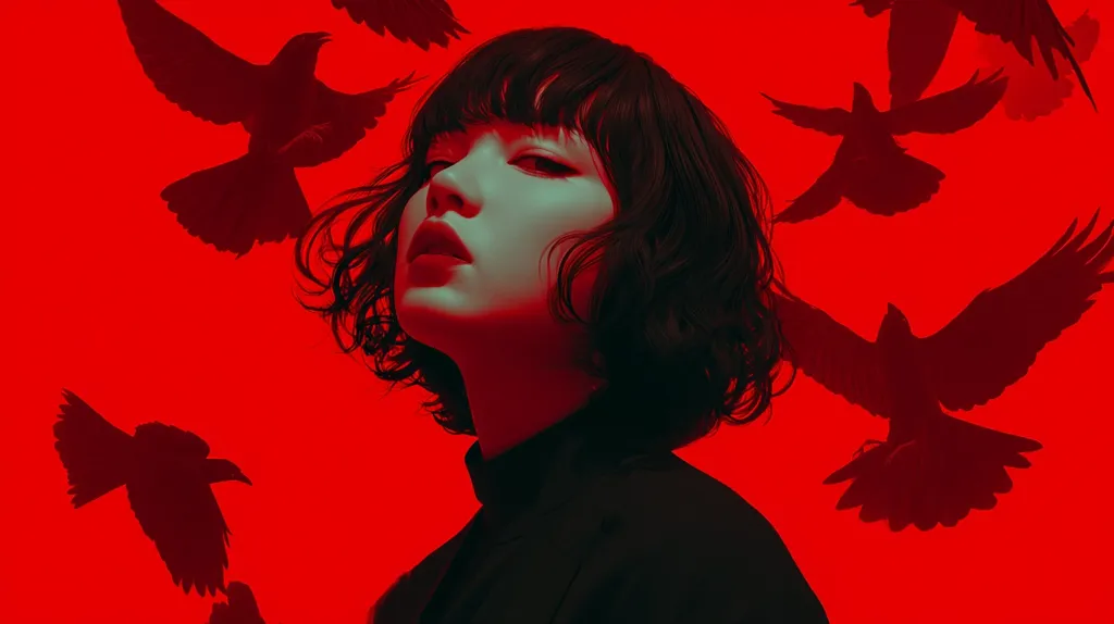 A stylized portrait of a young woman with short, dark hair is set against a vibrant red backdrop.  Silhouetted crows in flight surround her, creating a dramatic and somewhat ominous atmosphere. The woman's expression is serious, her gaze directed slightly away. The overall effect is one of moody intensity and visual impact.