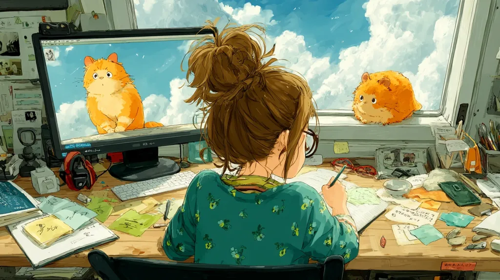 A young woman with brown hair in a bun sits at a cluttered desk, working on a notebook.  Her computer displays a cartoon orange cat, mirroring a similar plush cat resting on the windowsill.  The room is bright and airy, with a view of a sunny sky visible through the window.  The scene is filled with art supplies, notes, and a generally cozy and creative atmosphere.