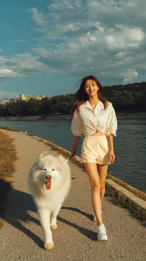 A young woman with long brown hair smiles as she walks her fluffy white dog along a paved path by a river.  She's wearing a light yellow shirt and shorts, and white sneakers. The sky is partly cloudy, and the sun casts a warm glow on the scene. The overall mood is peaceful and serene.