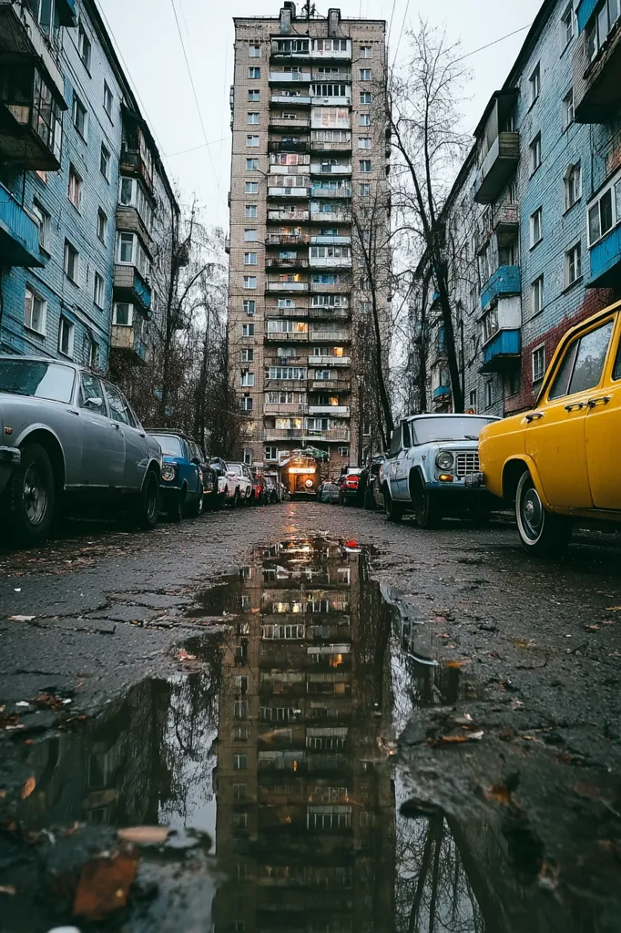 A tall, Soviet-era apartment building dominates the scene, flanked by shorter residential buildings.  Parked cars line both sides of a street, reflecting in a large puddle in the foreground. The image conveys a sense of urban decay and quietude, with a muted color palette and overcast sky.  The reflection in the puddle mirrors the building's imposing presence. Autumn leaves litter the street.