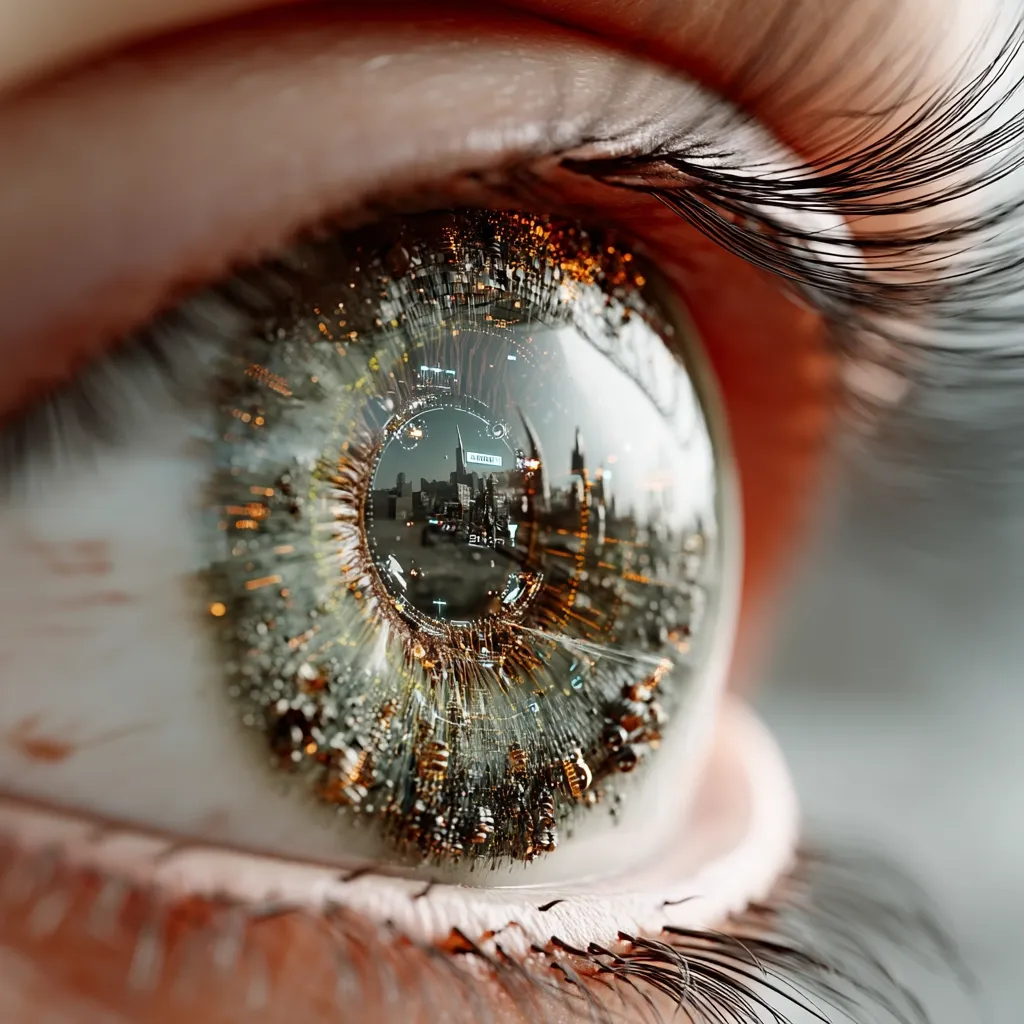 A close-up of an eye reveals a futuristic cityscape reflected in the iris.  Intricate, glowing circuitry patterns overlay the city, creating a digital overlay within the eye.  The image suggests a blend of organic and technological elements, hinting at a cybernetic or augmented reality concept.  The eyelashes frame the eye, adding to the detail and realism.