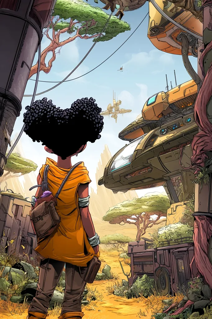 A young Black girl with a backpack stands on a dusty path, her back to the viewer.  She gazes toward futuristic, partially-buried spacecraft amidst a landscape blending African savanna trees and remnants of advanced technology.  The scene suggests a post-apocalyptic or colonial setting where nature reclaims technology.  A small spaceship flies overhead.