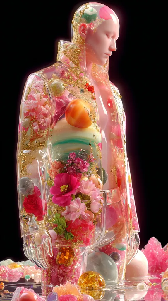 A translucent figure, seemingly human, is encased in a pink resin-like material.  Embedded within are flowers, gemstones, and candy-like spheres, creating a surreal and visually arresting piece.  Gold flecks add to the glittering effect. The figure is posed serenely, its head bowed slightly.  The overall aesthetic is whimsical and dreamlike, suggestive of a delicate and fragile beauty.