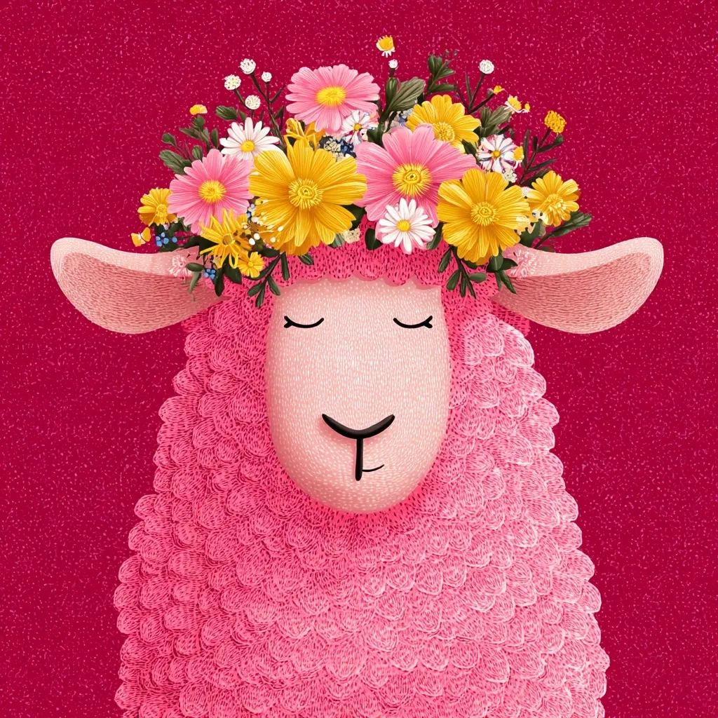A pink sheep, depicted in a whimsical, illustrated style, is adorned with a vibrant flower crown.  The crown features a variety of colorful blossoms, including daisies and gerbera daisies, creating a cheerful and spring-like effect. The sheep's fluffy pink wool and serene expression add to the overall charming and idyllic aesthetic. The background is a deep, textured crimson.