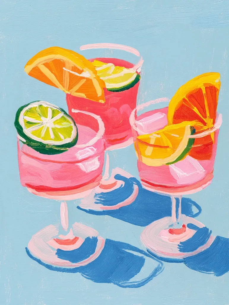 A vibrant painting depicts three glasses of pink cocktails garnished with slices of orange and lime.  The glasses are short and stemmed, with the drinks appearing thick and icy.  The background is a light blue, contrasting with the bright colors of the fruit and the pink of the beverages. The style is loose and painterly, with visible brushstrokes adding to the overall cheerful and summery feel.  Shadows cast beneath the glasses suggest a sunny setting.