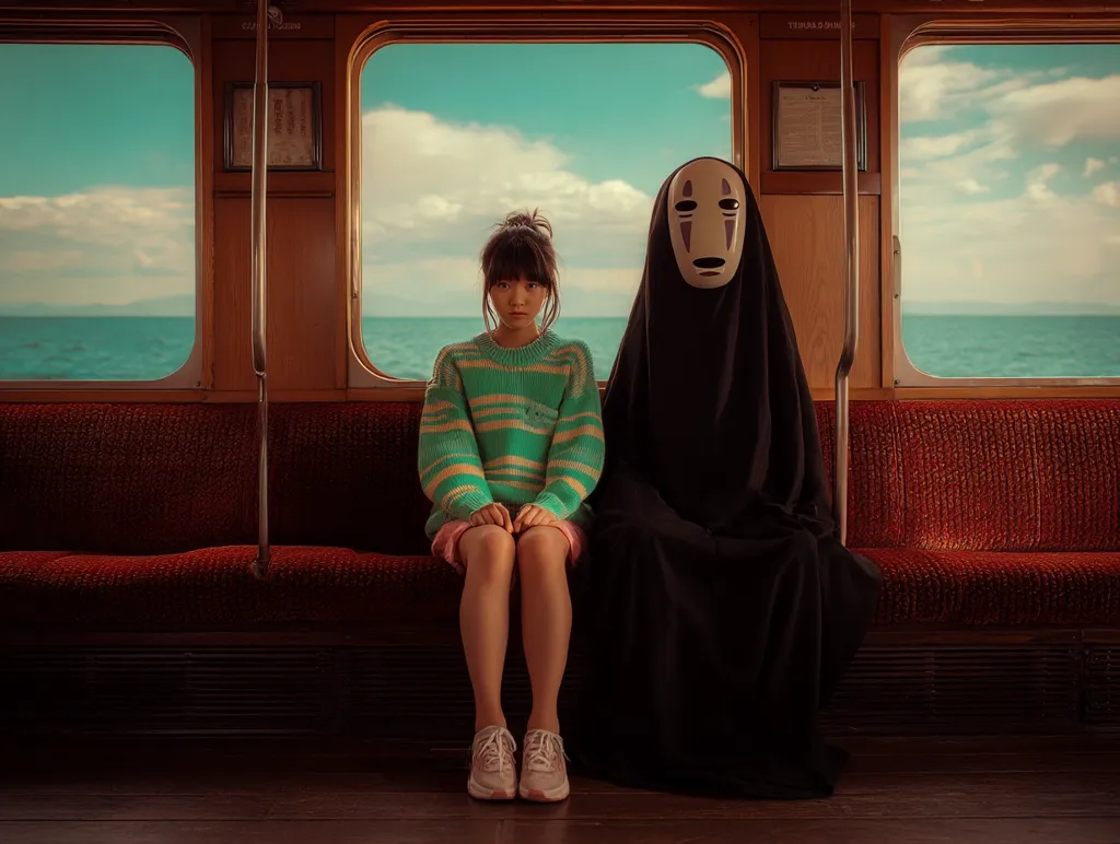 A young girl in a teal sweater sits beside a figure wearing No-Face's mask from Spirited Away on a ferry.  The ferry's interior is wood-paneled, with red cushioned seats.  The ocean is visible through the large windows, a serene blue under a partly cloudy sky. The scene evokes a melancholic and mysterious atmosphere.