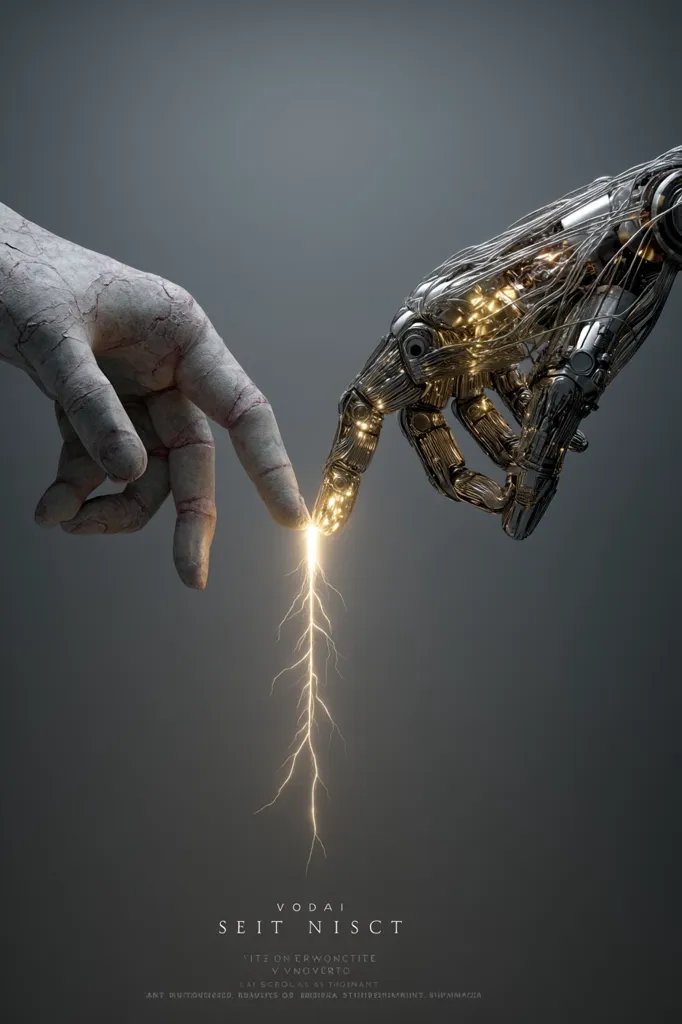 A human hand and a robotic hand reach toward each other, their fingertips nearly touching.  A spark of electricity connects them, symbolizing a connection between humanity and artificial intelligence. The image is dark and moody, with a grey background.  The title "VODAI SEIT NISCT" is displayed below, along with smaller text in a foreign language.