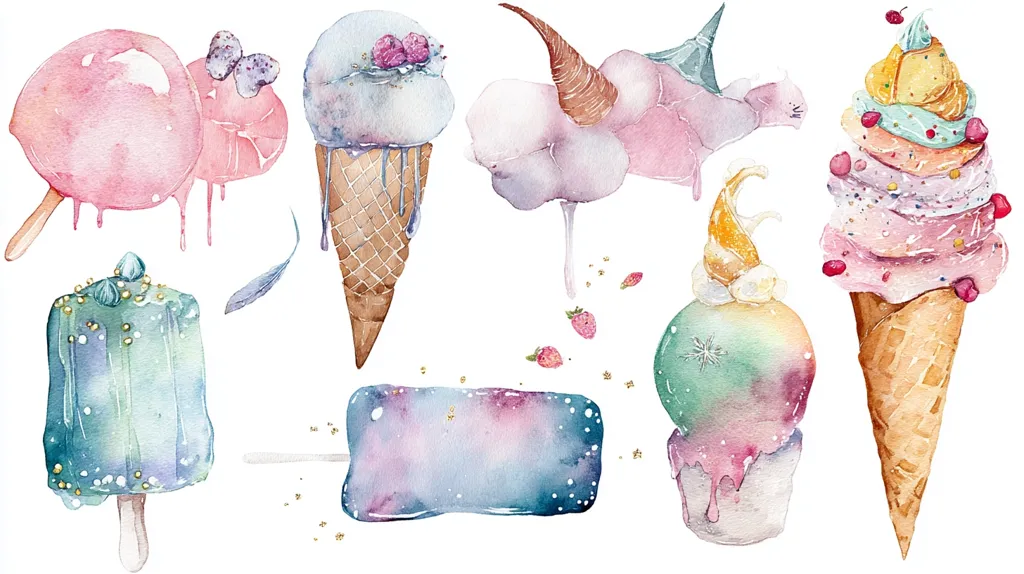 A watercolor painting showcases a whimsical assortment of ice cream treats.  Included are melting lollipops, ice cream cones with pastel-colored scoops and decorative toppings, a unicorn-horned ice cream cloud, and a unique teal popsicle.  The style is dreamy and fantastical, with each sweet treat adorned with glittering details. A blank ice cream-shaped banner is also present, perfect for adding text.