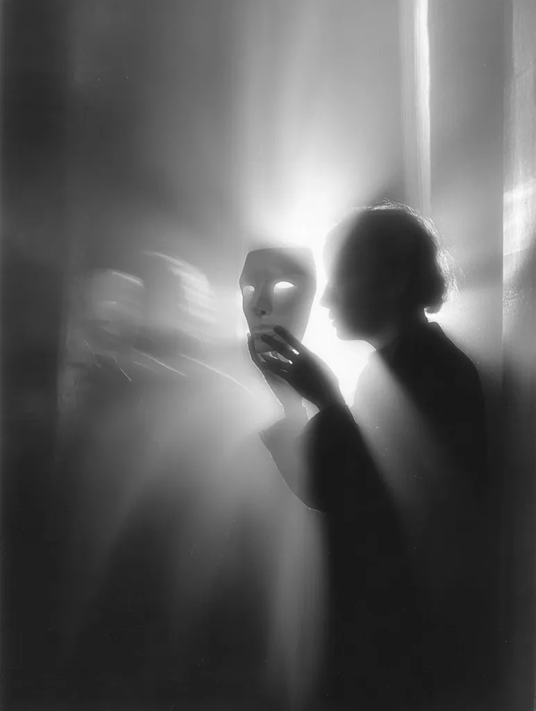 A black and white photograph shows a woman's silhouette, holding a blank, white mask in front of her face.  Light streams from behind her, creating a hazy, ethereal effect.  The woman is partially obscured by the light, lending a sense of mystery and ambiguity to the image.  The overall mood is one of introspection and hidden identity.