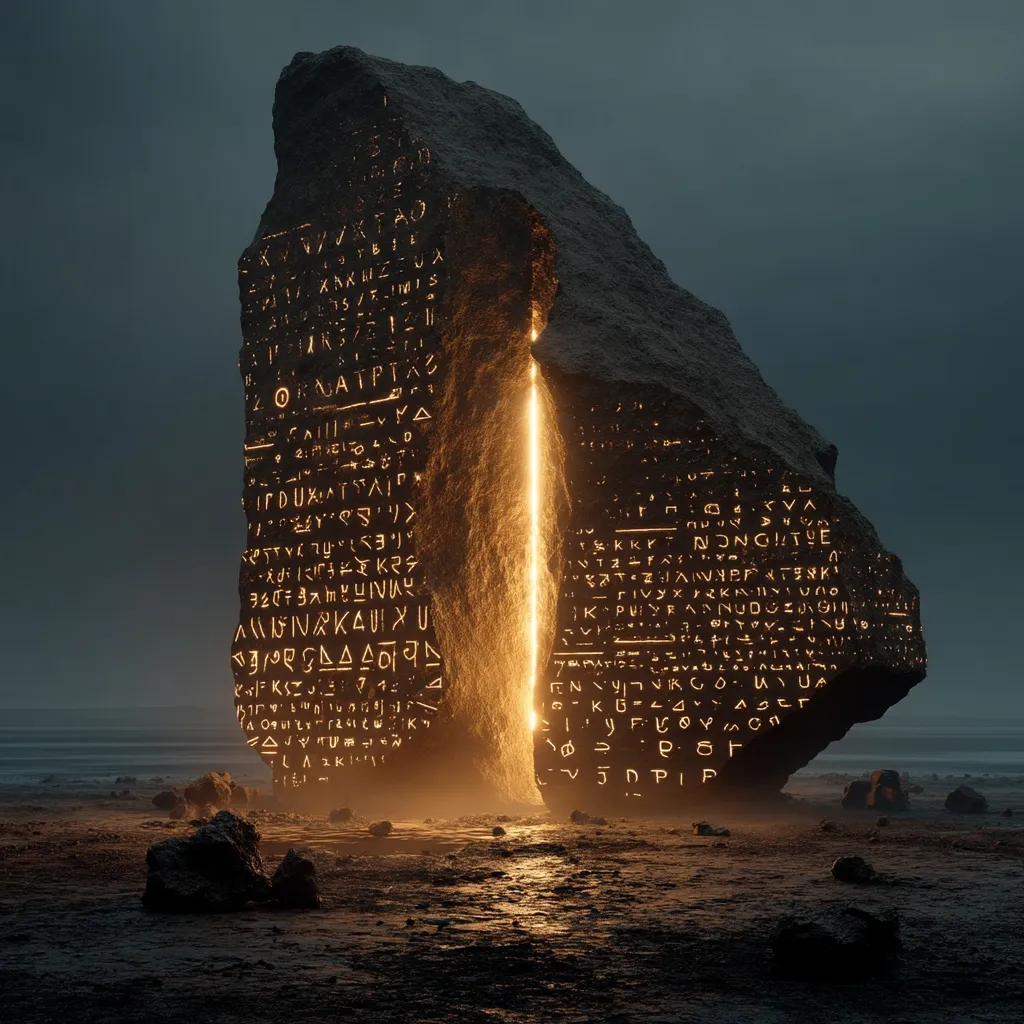 A large, dark rock stands on a desolate beach, its surface etched with glowing ancient script. A crack runs through the center, emitting a beam of golden light. The inscription resembles an ancient language, possibly Greek or a fictional one, adding to the mystical atmosphere. The scene is dramatic and mysterious, suggesting a hidden knowledge or a gateway to another realm. The overall mood is one of awe and wonder.