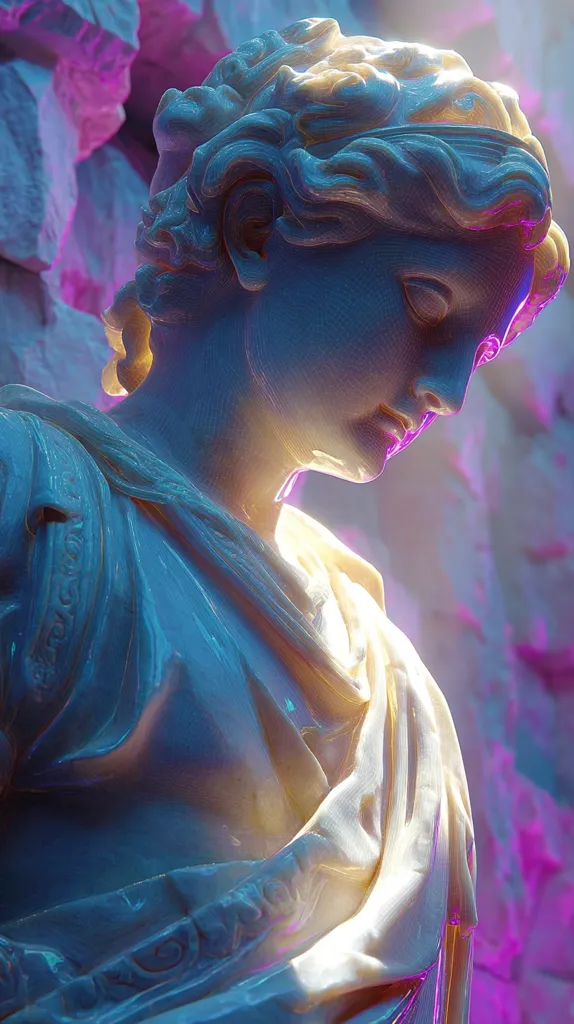 A digital rendering of a classical statue, possibly a woman, is bathed in vibrant purple and gold light.  The statue's draped clothing and detailed hair are emphasized by the iridescent glow.  The background suggests a rocky or fragmented setting, contrasting with the smooth, almost ethereal quality of the figure. The image has a surreal and artistic feel.