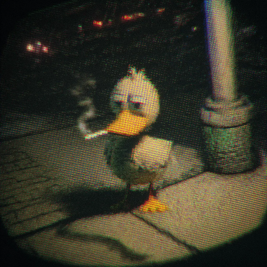 A low-resolution image depicting a cartoon duck smoking a cigarette.  The duck appears melancholic, sitting on a textured surface. The background is blurry, suggesting a nighttime city scene with lights in the distance. The image quality is grainy, resembling a distorted television screen or a VHS recording.  The overall mood is dark and somewhat surreal.
