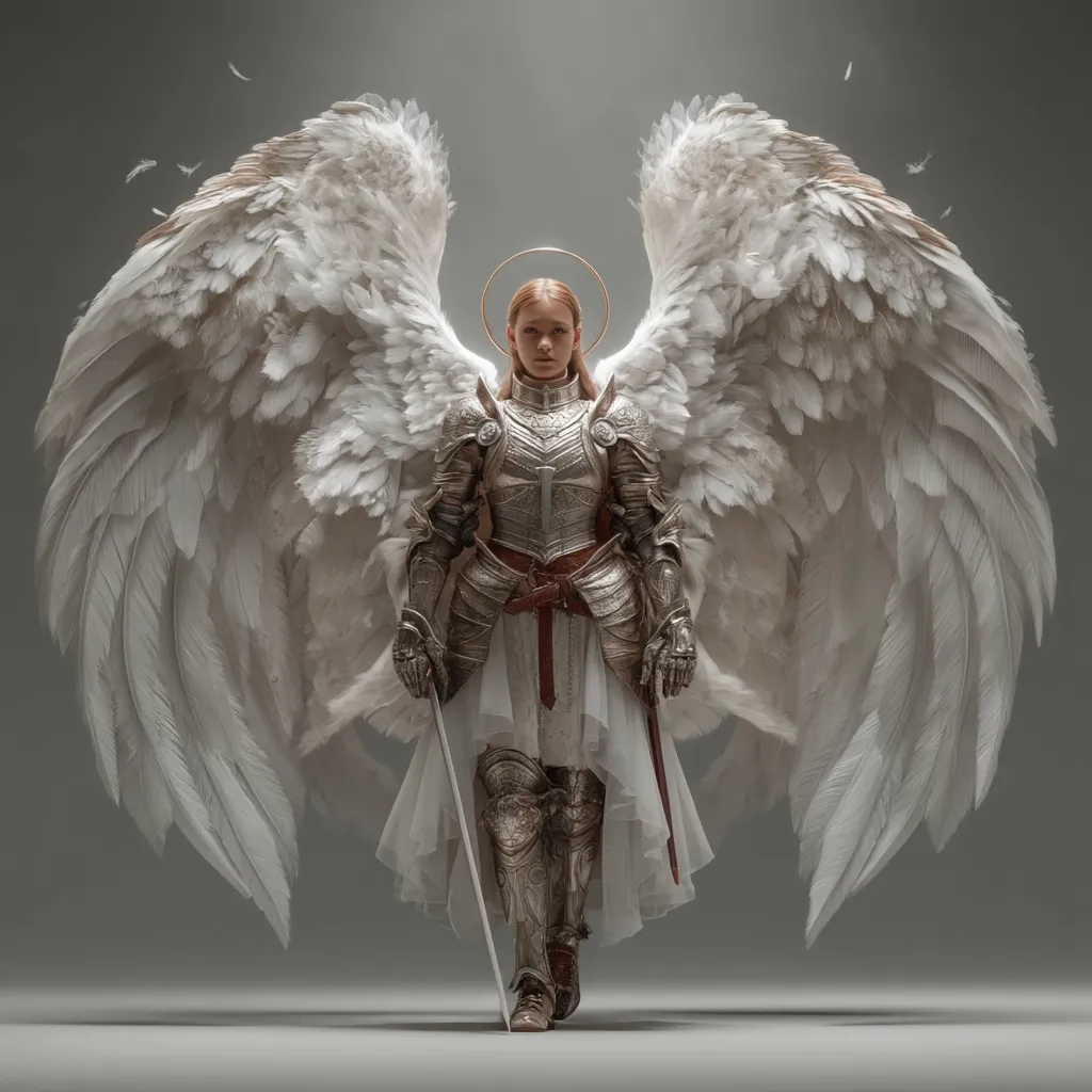 A female angel warrior, clad in gleaming silver armor, stands majestically.  Large, pristine white wings frame her, extending from her back.  She holds a long sword, her gaze direct and resolute.  A halo of gold encircles her head, adding to her divine and powerful presence.  The setting is a neutral gray background, highlighting the angel's striking attire and celestial features.