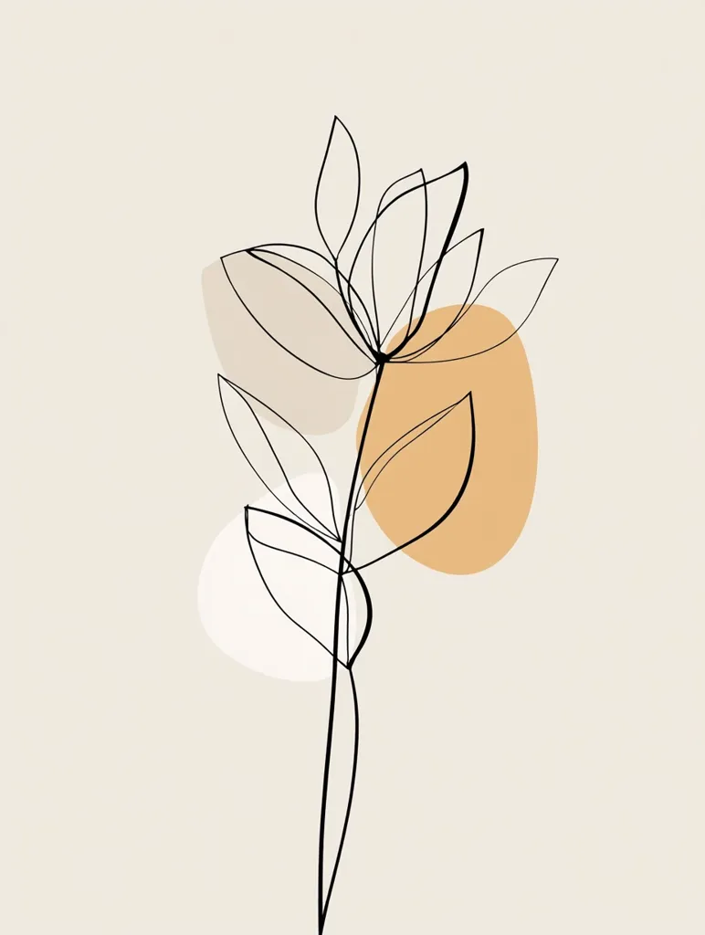 A minimalist line drawing of a stylized flower with delicate leaves and petals.  The artwork features a single stem, and is set against a muted beige background with abstract, organic shapes in beige and peach tones. The simple lines and calming color palette create a serene and elegant aesthetic.
