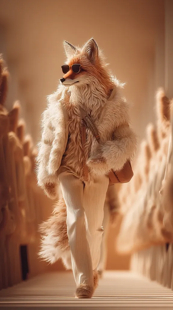A fox, stylishly dressed in a fluffy cream-colored coat and matching trousers, strolls down a runway.  It wears sunglasses and carries a light brown handbag.  The background suggests a fashion show setting with a blurred line of similar figures. The overall image is warm-toned and subtly whimsical.
