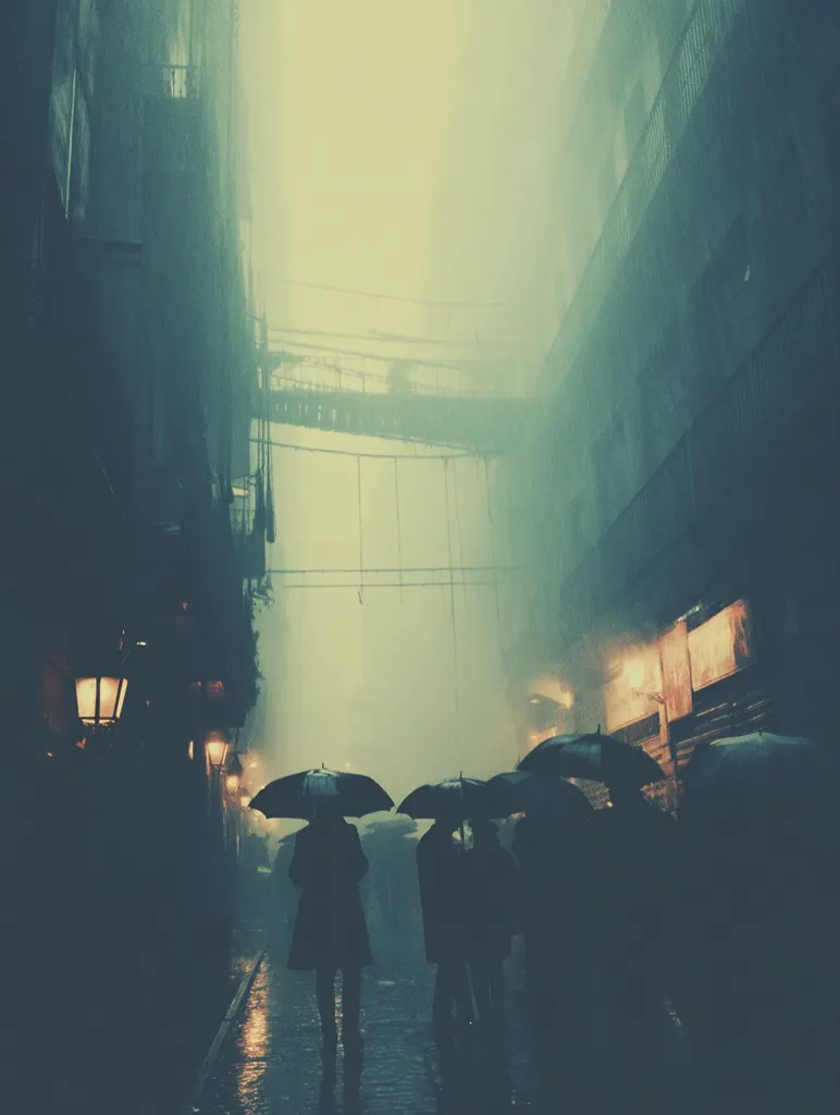 A misty, rain-soaked alleyway is shrouded in an ethereal green glow.  Several figures, silhouetted under umbrellas, walk along the slick cobblestones.  Faint lamplight illuminates the damp buildings lining the narrow passage, creating a moody and atmospheric scene.  Overhead wires and a distant walkway add to the mysterious ambiance. The overall feeling is one of quiet solitude within a mysterious urban setting.