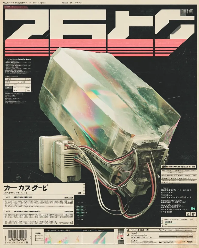 A retro-futuristic poster features a large, translucent crystal connected to a complex network of wires and circuitry. The design incorporates Japanese text and stylistic elements reminiscent of 1980s aesthetics.  The overall impression is one of technological advancement within a visually striking, almost mystical, context.  The color palette is muted with accents of pastel and neon hues.