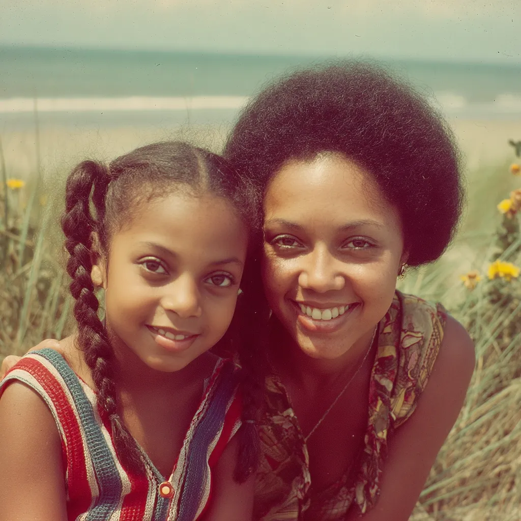 A close-up portrait of a smiling Black mother and daughter outdoors. The daughter, with pigtails, wears a red, white, and blue striped sleeveless top.  The mother, with a large afro, sports a patterned top.  They are positioned in a grassy area with a blurred ocean in the background.  The image has a warm, nostalgic feel, reminiscent of vintage photography.