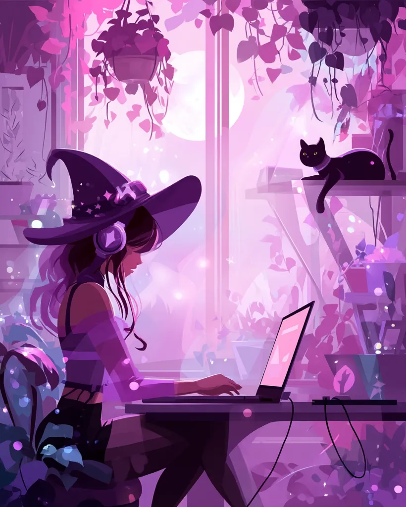 A young witch, wearing headphones and a purple witch's hat, sits at a desk by a window, working on a laptop.  The room is filled with plants, a soft purple light, and a black cat sits perched on a shelf.  The scene is dreamy and magical, evoking a whimsical atmosphere.  The moon is visible outside the window, adding to the mystical ambiance.
