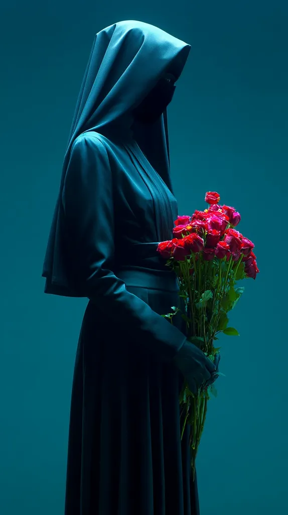A figure, cloaked in a dark teal hooded robe, stands against a matching teal backdrop.  Their face is obscured, and they hold a bouquet of deep red roses. The image evokes a sense of mystery and somber elegance, the contrast between the dark clothing and vibrant flowers creating a striking visual. The overall mood is melancholic and enigmatic.
