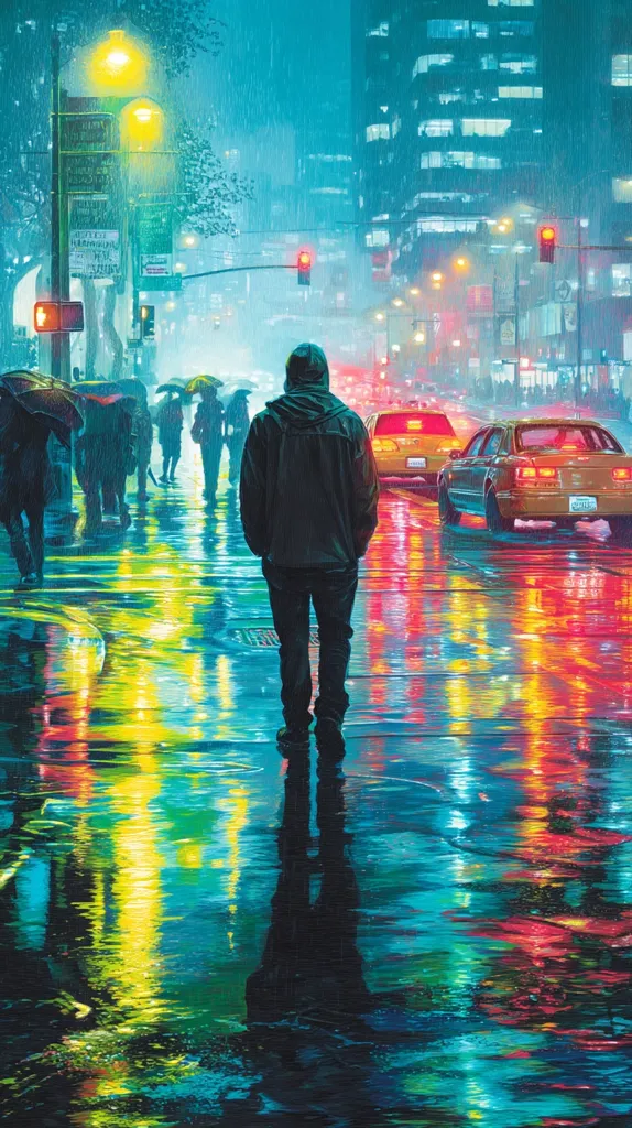 A lone figure in a hooded jacket stands on a rain-slicked city street at night.  Vibrant reflections of neon lights and traffic paint the wet pavement in a kaleidoscope of colors.  Other pedestrians, mostly obscured by umbrellas, are visible in the background. The scene is atmospheric, conveying a sense of solitude and urban isolation under a heavy downpour.