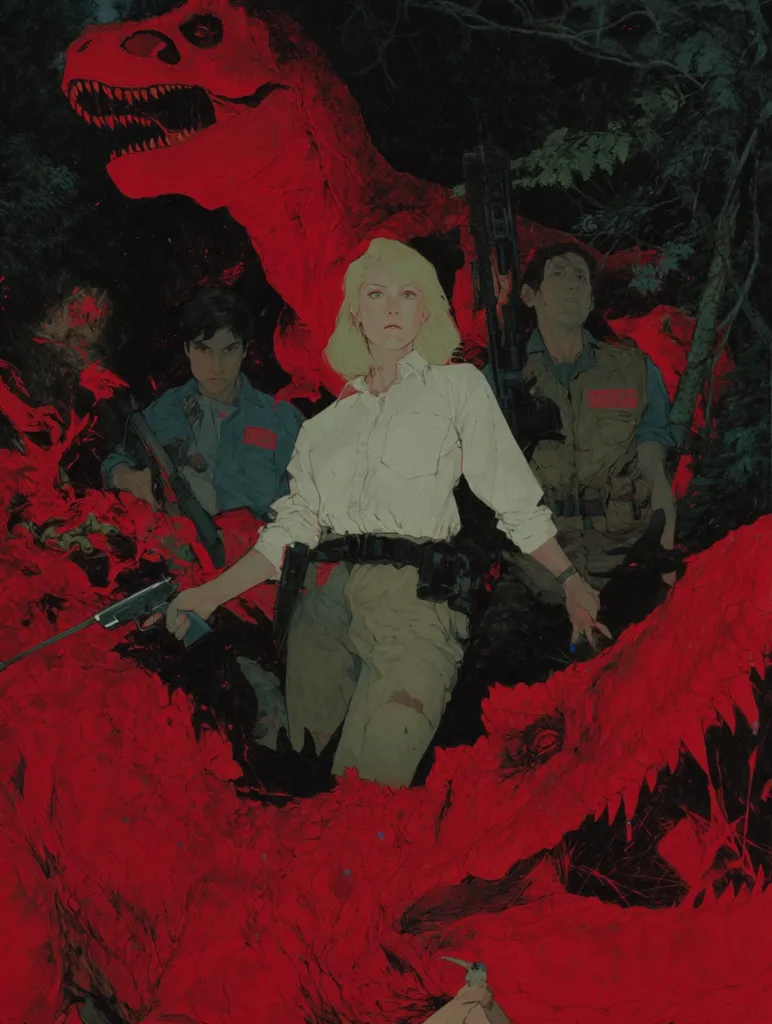 A stylized illustration depicts a blonde woman, centrally positioned, armed with a handgun, flanked by two men.  They are surrounded by ominous, red, dinosaur-like creatures in a dark, shadowy forest.  The woman is dressed in light beige attire, while the men wear darker, utilitarian clothing.  The scene evokes a sense of danger and suspense, possibly suggesting a survival or horror theme.