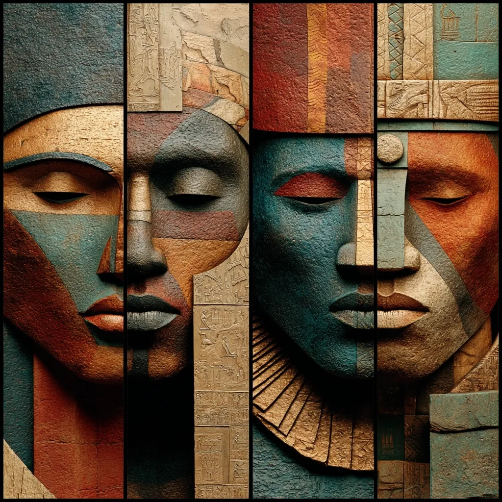 A triptych artwork depicts three stylized, serene faces, possibly inspired by ancient Egyptian art.  Each face is composed of geometric sections in rich earthy tones of bronze, teal, and burnt orange.  Hieroglyphic-like carvings are subtly incorporated into the background panels, enhancing the ancient aesthetic. The overall effect is one of quiet dignity and powerful symbolism.