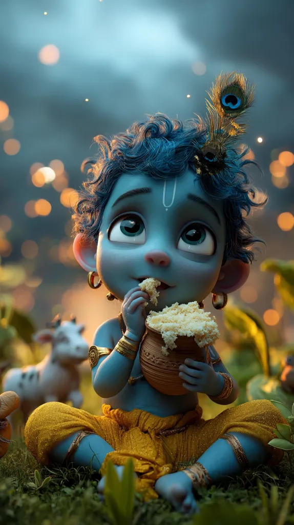 A charming 3D rendering depicts baby Krishna, the Hindu deity, seated amidst a soft, verdant landscape.  He's adorably rendered with large eyes and curly blue hair, adorned with a peacock feather.  Krishna is depicted enjoying a bowl of what appears to be sweet rice, his expression one of pure delight.  The background subtly features bokeh lights and a hint of a cow, enhancing the idyllic scene.