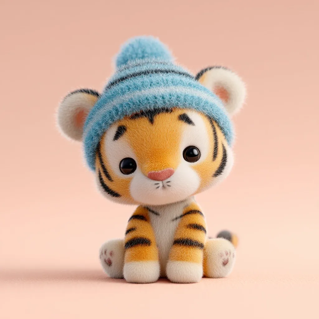 An adorable 3D-rendered tiger cub sits against a pale pink background.  The cub is fluffy and features large, expressive eyes. It wears a light blue knitted beanie with a pompom on top.  The tiger's orange and black stripes are clearly visible, and its paws are delicately detailed. The overall image is cute and evokes feelings of warmth and tenderness.