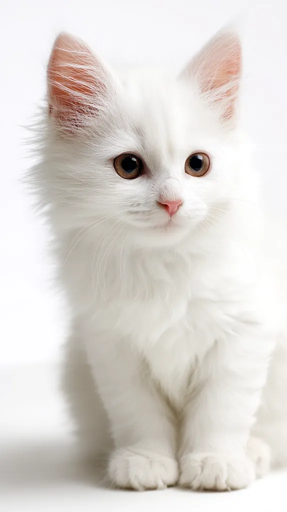 A fluffy white kitten sits against a white background.  Its large, round eyes are a captivating amber color, and its pink nose is delicately positioned between them.  The kitten's fur appears incredibly soft and long, creating a cloud-like effect around its small body. It looks directly at the viewer with an innocent expression.  The overall image is clean, bright, and evokes feelings of warmth and gentleness.
