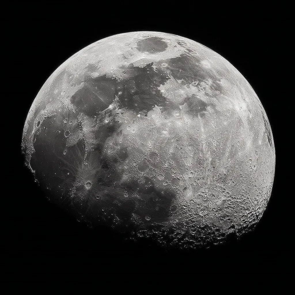 A striking grayscale image showcases a portion of the moon against a pitch-black backdrop.  The lunar surface is richly detailed, revealing a multitude of craters and varied textures.  The contrast between the bright and shadowed areas emphasizes the three-dimensionality of the moon's topography. The image's sharpness and detail highlight the moon's surface features.