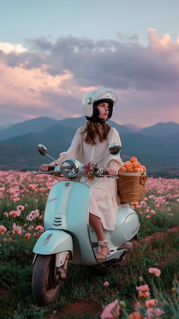 A young woman in a white dress and helmet sits on a light blue Vespa scooter in a field of pink poppies.  The scooter has a wicker basket filled with apricots.  Mountains are visible in the background under a pastel sunset sky. The overall scene is idyllic and peaceful.