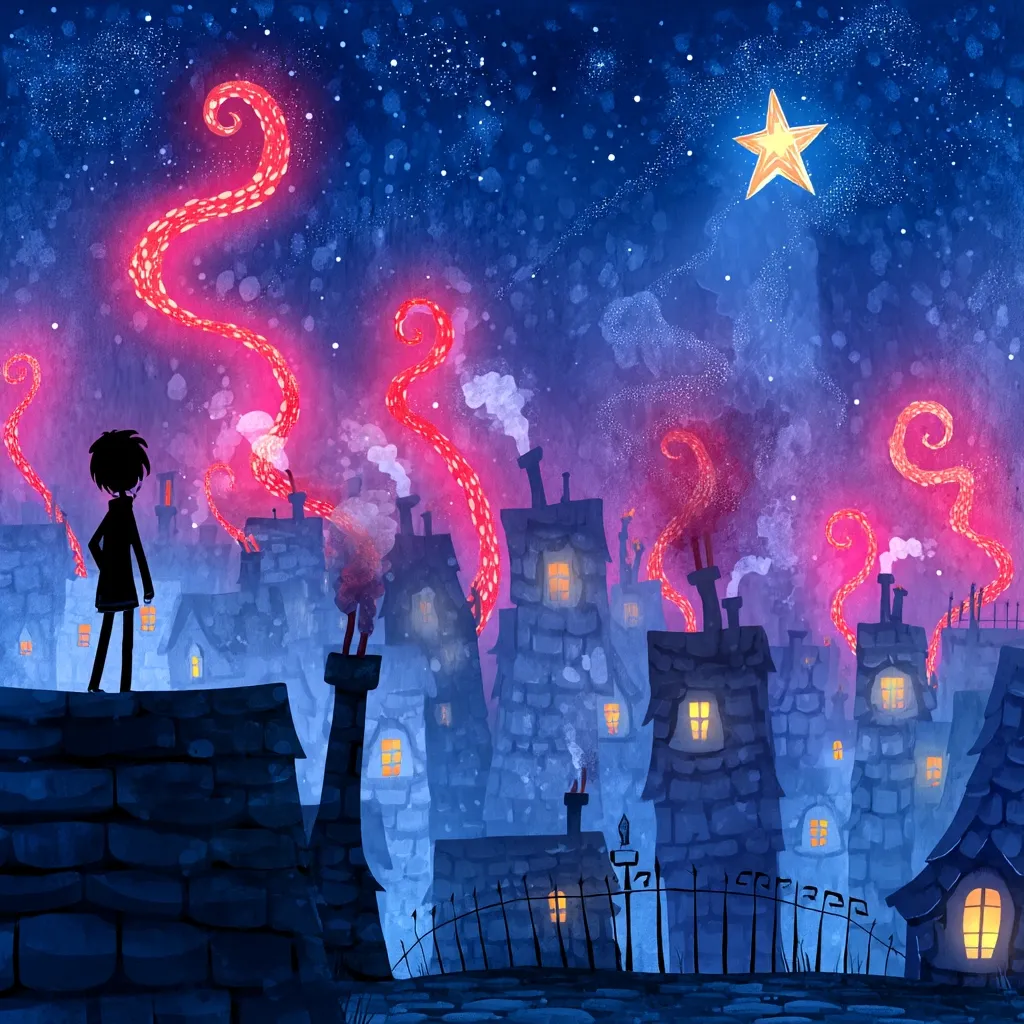 A whimsical illustration depicts a small figure standing on a rooftop, overlooking a quaint town under a starry night sky.  Glowing, swirling red tendrils rise from the chimneys, creating a magical, almost otherworldly atmosphere.  A bright star shines above, adding to the enchanting scene's dreamlike quality. The style is reminiscent of children's book illustration, with a focus on vibrant colors and playful shapes.