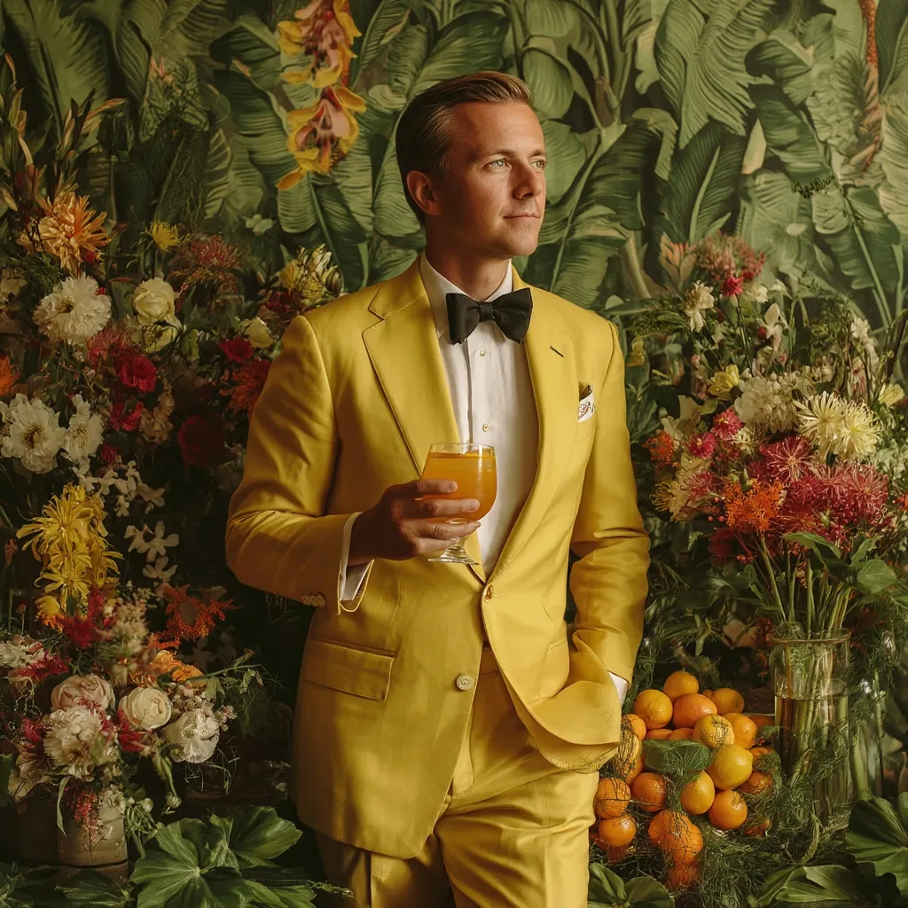 A man in a vibrant yellow suit and black bow tie stands amidst a lush backdrop of tropical plants and colorful flowers. He holds a glass of amber liquid, his gaze directed thoughtfully to his right.  The scene is rich with color and evokes a feeling of sophisticated leisure.  Oranges and other citrus fruits are visible in a basket near his feet, complementing the overall sunny aesthetic.
