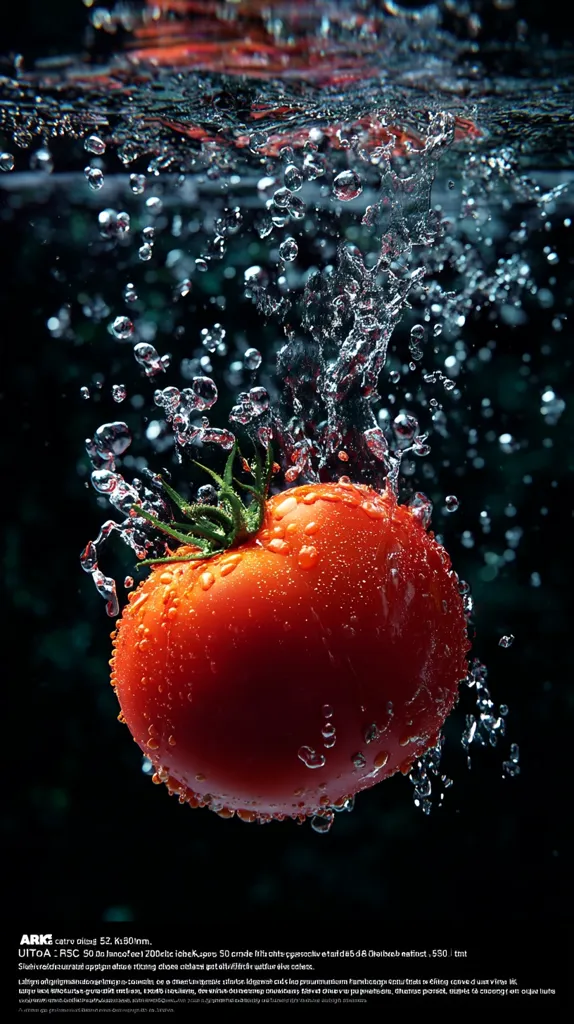 A vibrant red tomato is captured mid-air, submerged in water.  Water droplets cling to its surface, creating a dynamic splash. The background is dark, emphasizing the tomato's rich color and the glistening water. The image is sharply focused, showcasing the texture of both the tomato and the water.  The overall effect is one of freshness and vibrancy.