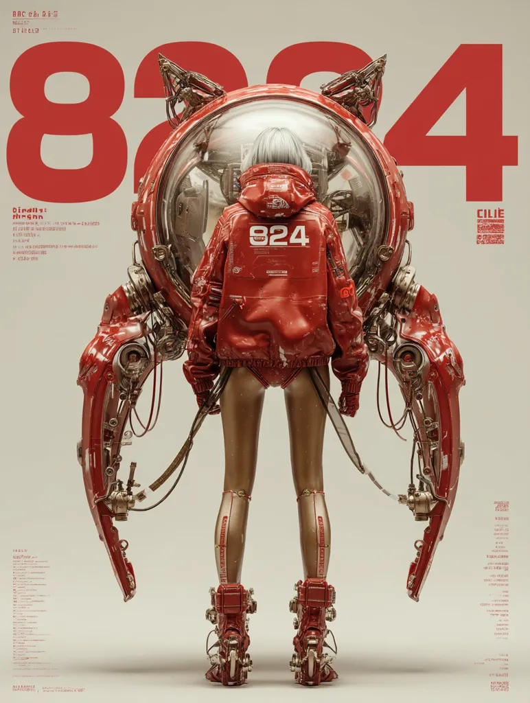 A cyberpunk-style poster featuring a woman in a red, futuristic outfit standing in front of a large, red, mechanical device resembling a vehicle or exoskeleton.  The number 824 is prominently displayed. The overall aesthetic is sleek, metallic, and incorporates elements of both science fiction and fashion. The woman's back is to the viewer, her gaze directed toward the interior of the machine. The color palette is predominantly red and metallic grey.