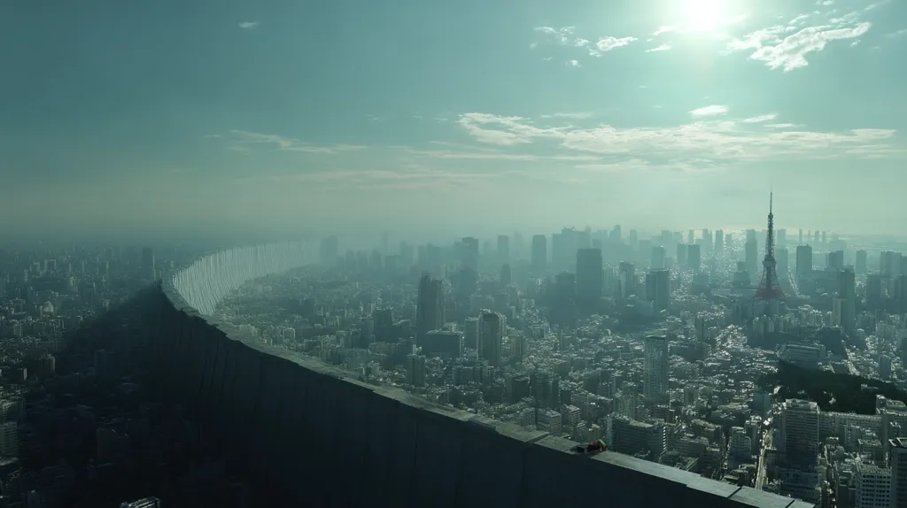 A high-angle, long shot reveals a sprawling cityscape shrouded in haze, a large, imposing wall curving through the urban expanse.  Tokyo Tower is visible in the distance, a stark contrast against the muted tones of the buildings and sky. The sun shines brightly, partially obscured by clouds, casting a hazy light over the scene. The overall atmosphere is one of subtle dystopian grandeur.