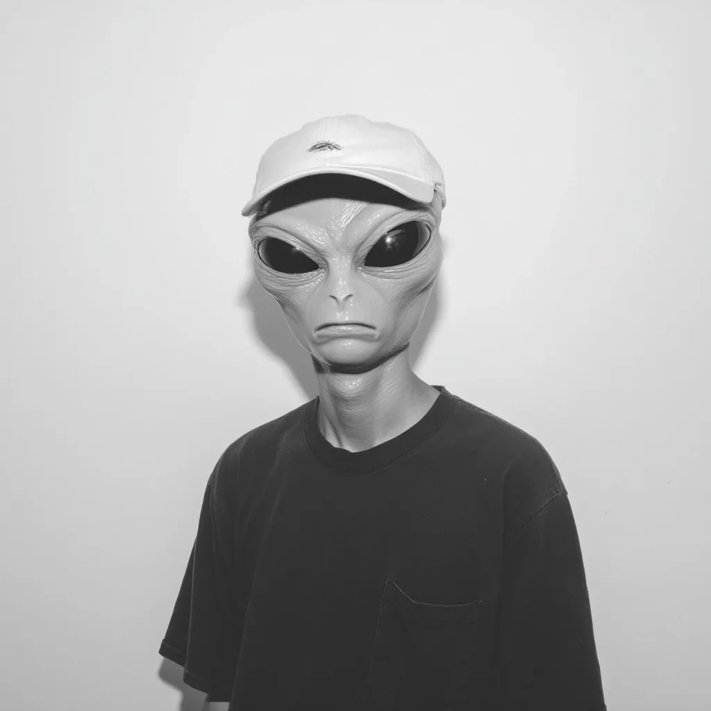A grayscale image shows a person wearing a gray alien mask and a light-colored baseball cap.  The individual is dressed in a dark-colored t-shirt with a pocket. The background is a plain, light-colored wall. The overall mood is somewhat surreal and humorous. The image is sharply focused, with good contrast between the light and dark areas.