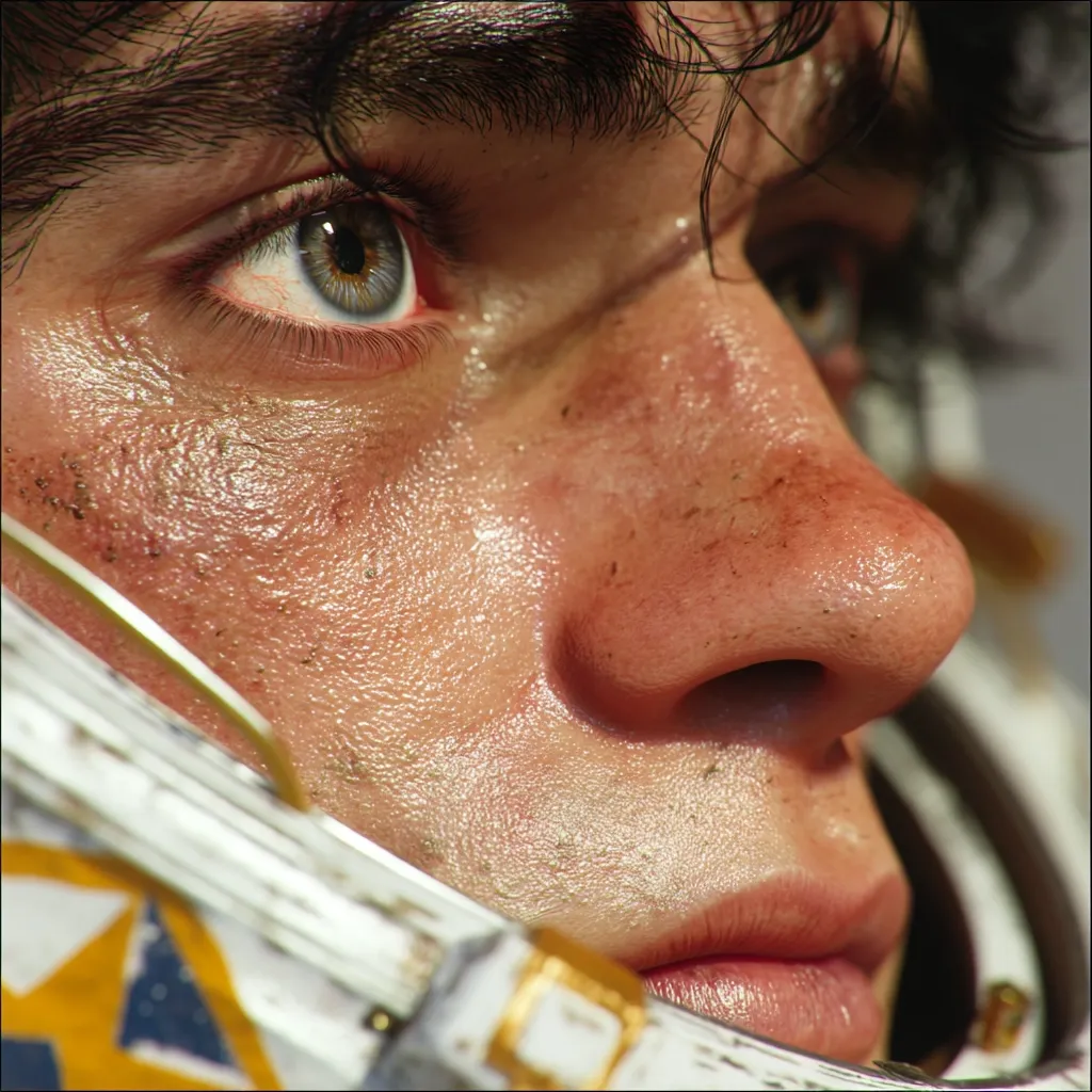 Close-up of a young man's face, partially obscured by a helmet. His skin is weathered, showing dirt and sweat.  His eyes are a striking light blue-green, gazing off to the side.  The image has a gritty, realistic texture, suggesting a harsh environment. The helmet appears worn, with visible gold accents. The overall impression is one of resilience and determination.