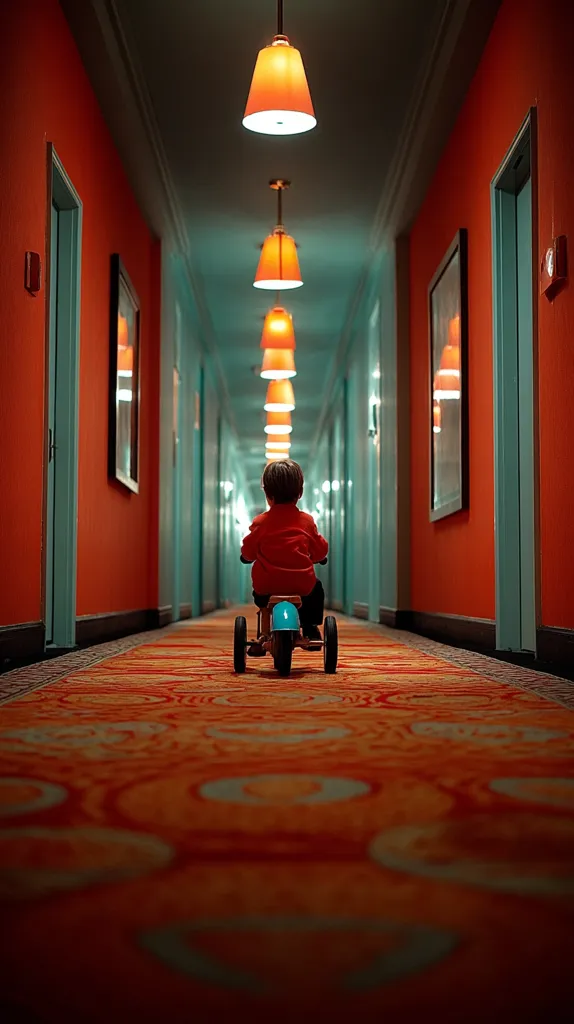 A young child, seen from behind, rides a teal tricycle down a long, dimly lit hotel corridor. The hallway features orange walls, teal ceilings, and pendant lights.  A patterned orange carpet covers the floor. The image evokes a sense of solitude and quiet exploration.  The child's red sweater stands out against the muted tones of the hallway.