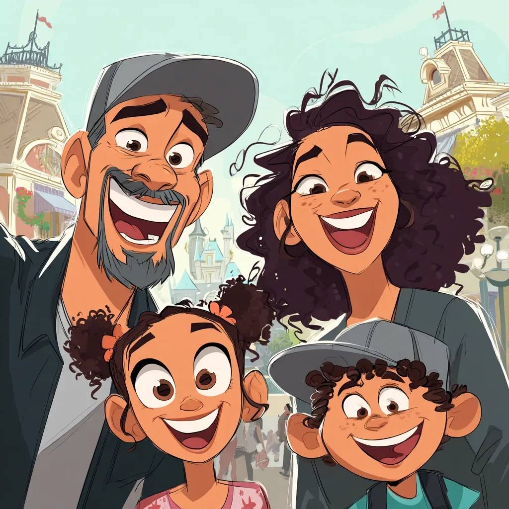 A joyful family selfie in front of a Disney castle.  A smiling father with a goatee, mother with long dark curls, and two exuberant children, a girl with pigtails and a boy in a cap, beam at the camera.  Their cartoonish features and bright expressions convey pure happiness, capturing a fun-filled family vacation. The background hints at a bustling theme park atmosphere.