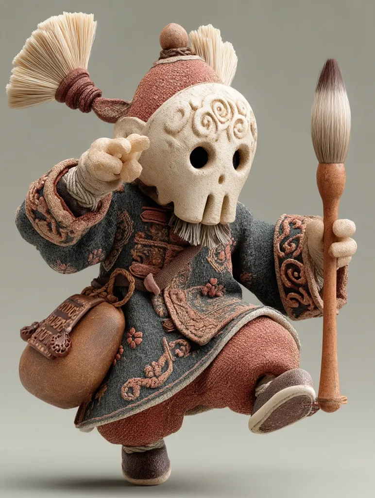 A whimsical 3D-rendered figurine, possibly inspired by East Asian aesthetics, depicts a character in ornate clothing and a skull-like mask.  The figure holds a paintbrush, suggesting an artist or scholar.  The texture is highly detailed, with visible stitching and fabric folds.  The color palette is muted earth tones, emphasizing the handcrafted appearance. The overall style blends fantasy and traditional elements.