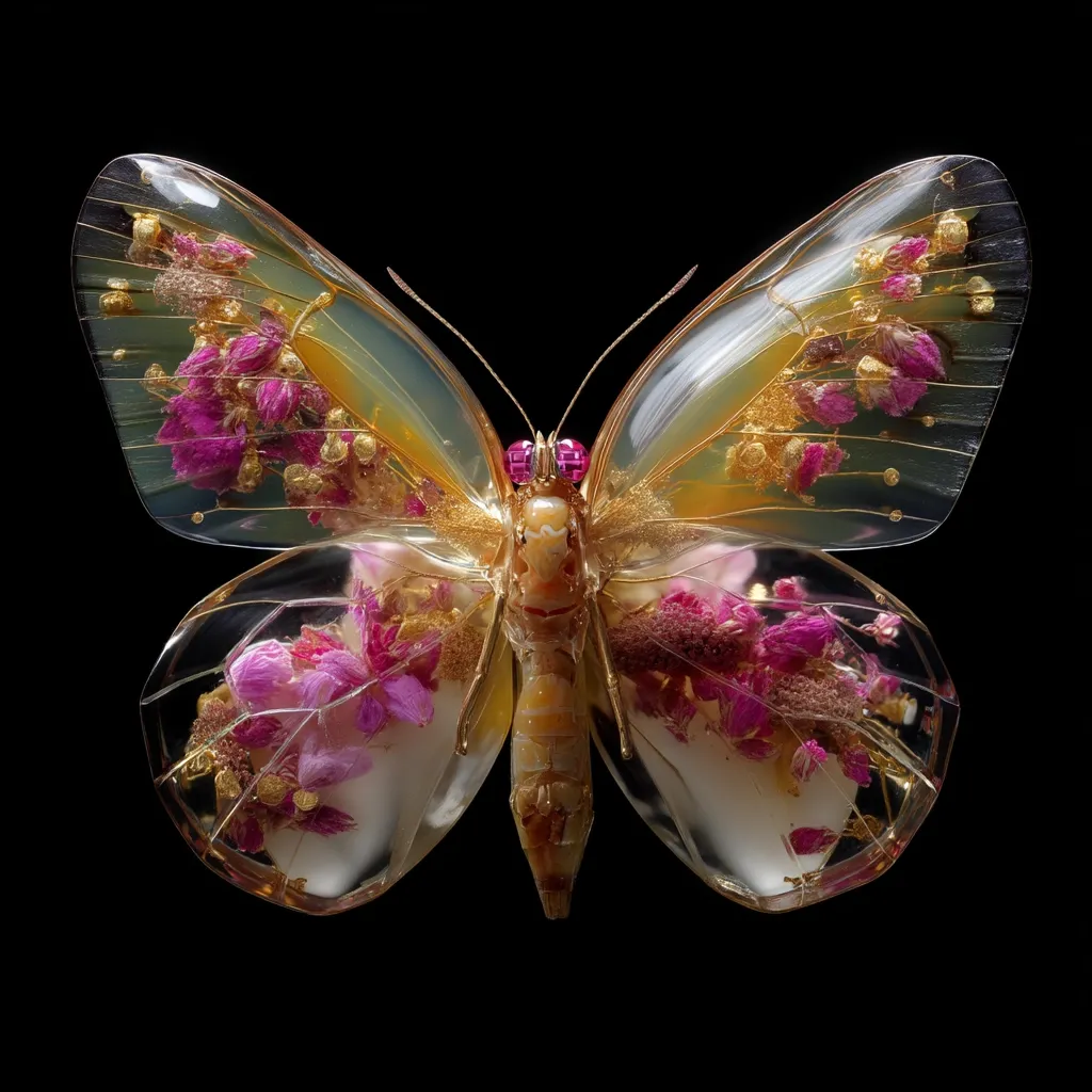 A meticulously crafted butterfly brooch is showcased against a stark black backdrop. Its wings, seemingly translucent, encapsulate delicate pink and purple flowers, interspersed with flecks of gold, creating a captivating contrast.  The butterfly's body is a pale gold, adorned with small ruby-red accents, adding to its exquisite detail and luxurious appearance. The piece is a stunning example of artistic jewelry.