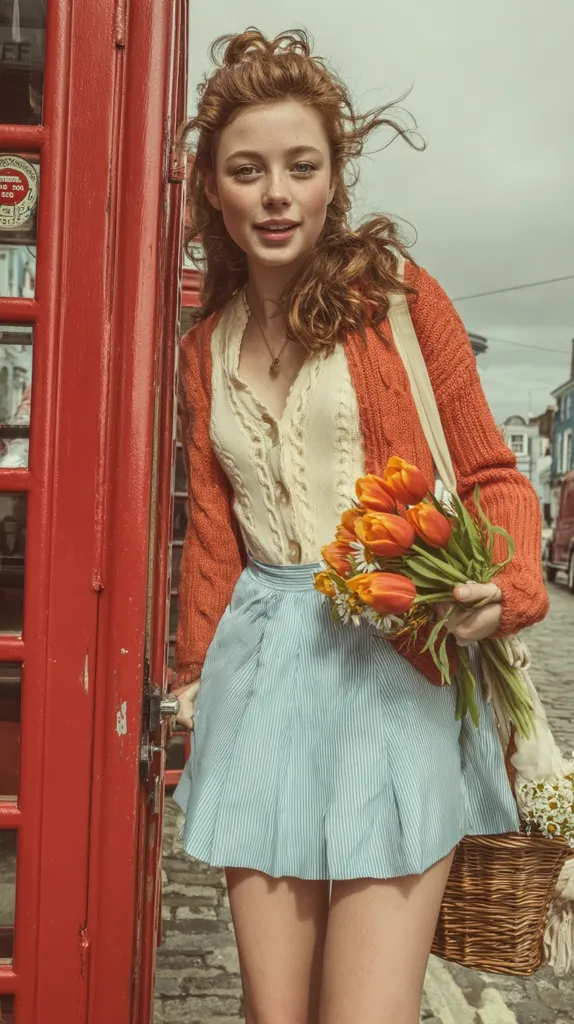 A young woman with auburn hair stands by a red telephone booth, holding a bouquet of orange tulips and daisies. She's wearing a light blue pinstripe mini skirt, a cream-colored knitted top, and an orange cardigan.  A woven basket hangs from her shoulder. The scene evokes a vintage, whimsical aesthetic, suggesting a picturesque setting possibly in England.