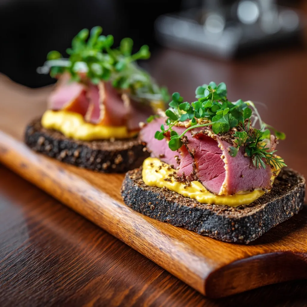 Two gourmet open-faced sandwiches are artfully arranged on a wooden board. Each features dark rye bread topped with a creamy yellow spread, thinly sliced pastrami, and vibrant microgreens.  The pastrami is rich pink and glistening, and the presentation is elegant and visually appealing, suggesting a sophisticated appetizer or small plate.