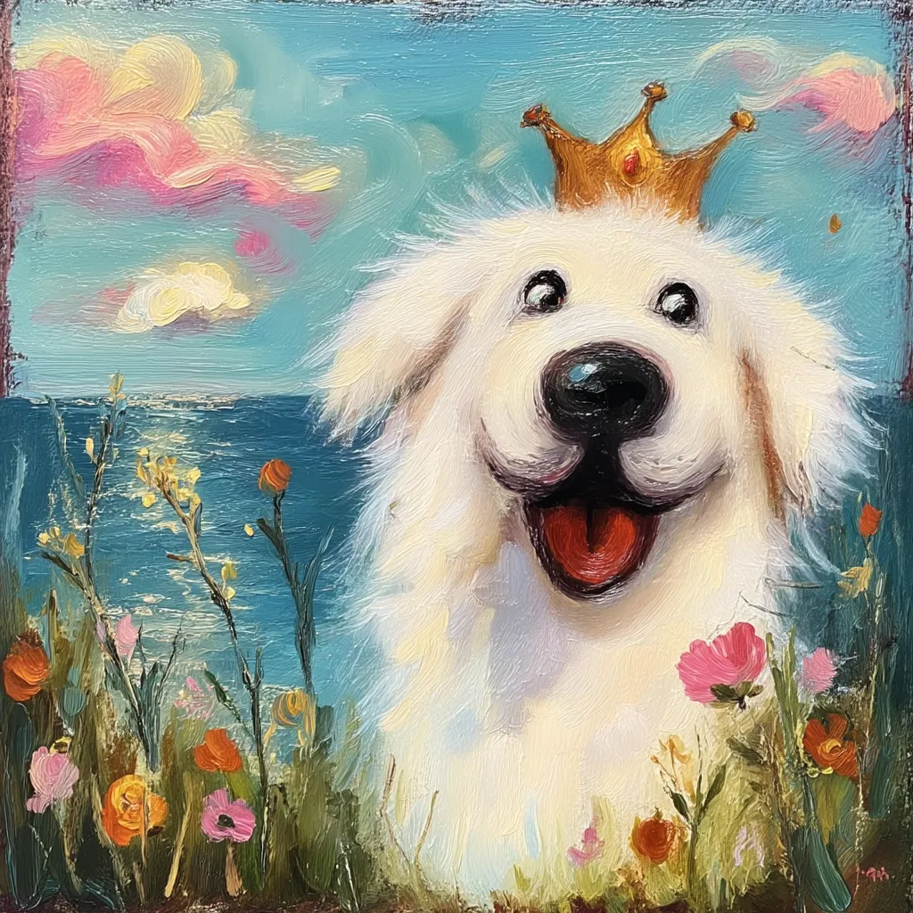 A joyful painting depicts a fluffy white dog, crowned with a golden crown, against a vibrant backdrop.  The dog's cheerful expression is emphasized by its open mouth and bright eyes.  A field of wildflowers stretches before it, and a tranquil ocean scene is visible in the distance under a whimsical, pastel sky. The style is impressionistic, with visible brushstrokes adding texture and movement.