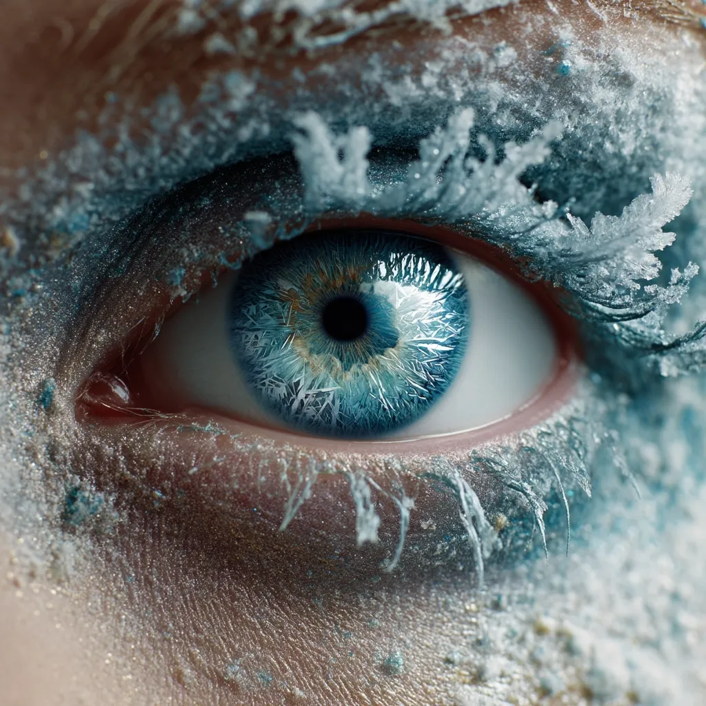 A close-up of a striking blue eye, artistically adorned with a frosty, icy makeup effect.  The intricate detail mimics snowflakes and ice crystals on the eyelids and lashes, creating a winter wonderland aesthetic. The eye's intense blue color contrasts beautifully with the cool tones of the makeup, resulting in a captivating and ethereal image.